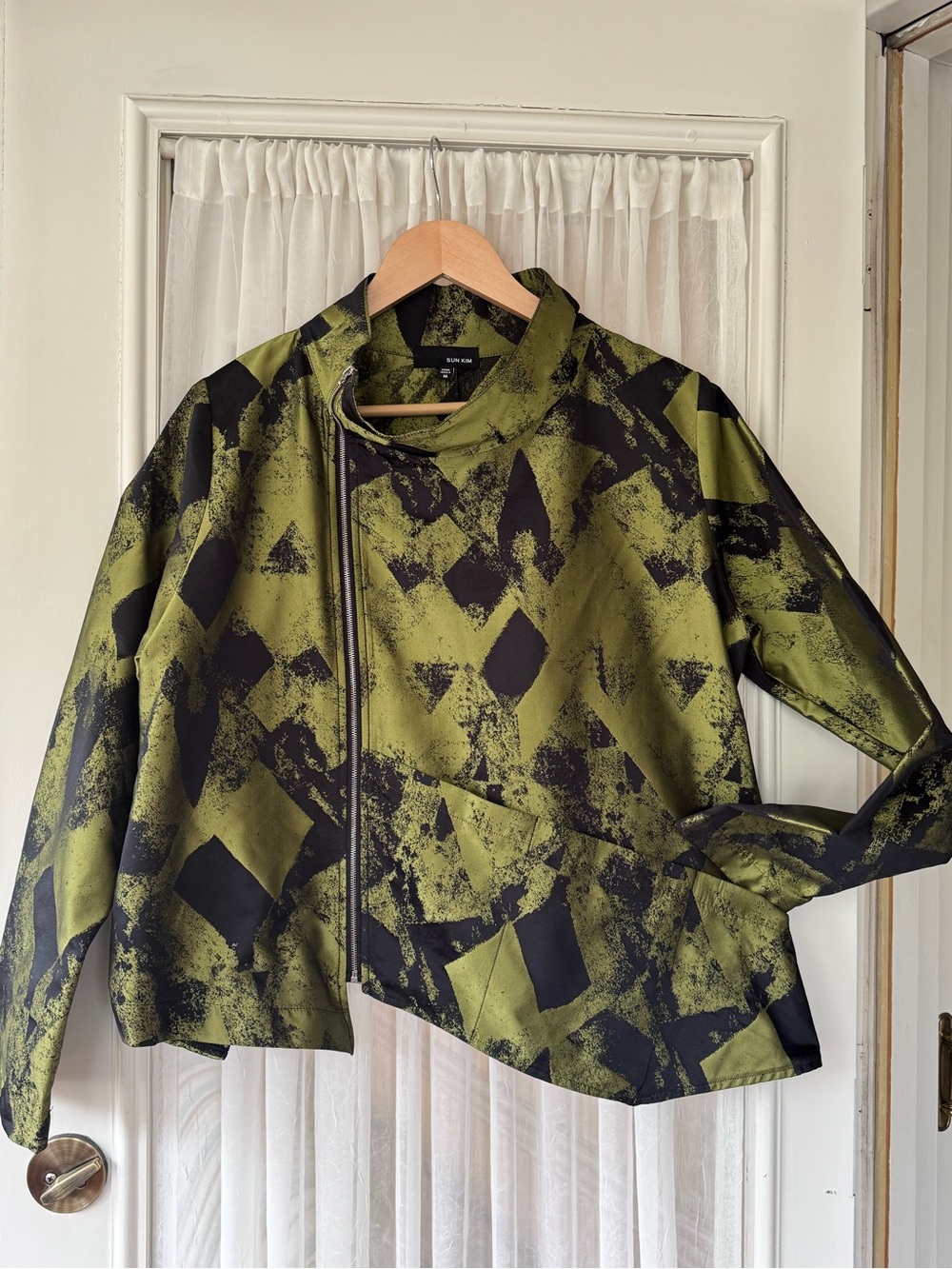 Sun Kim Olive & Black Abstract Print Asymmetrical Zip Jacket